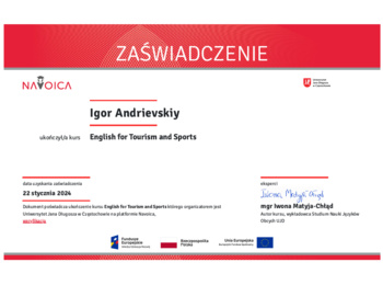 Успішне проходження курсу «English for Tourism and Sports»